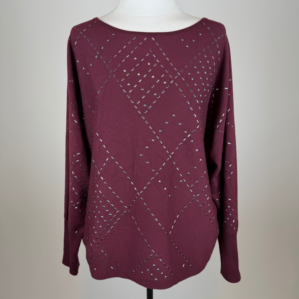 Cable & Gauge Burgundy Diamond Studded Dolman Sleeve Knit Sweater Womens Large